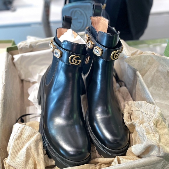 New GUCCI GG Calfskin Crystal GG Trip black Chelsea Ankle Boots - Picture 10 of 10